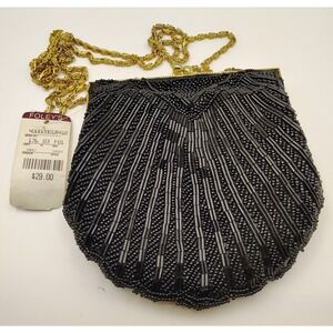 Valerie Stevens Black Beaded Shell Clutch Evening Bag Gold Chain Vintage NWT